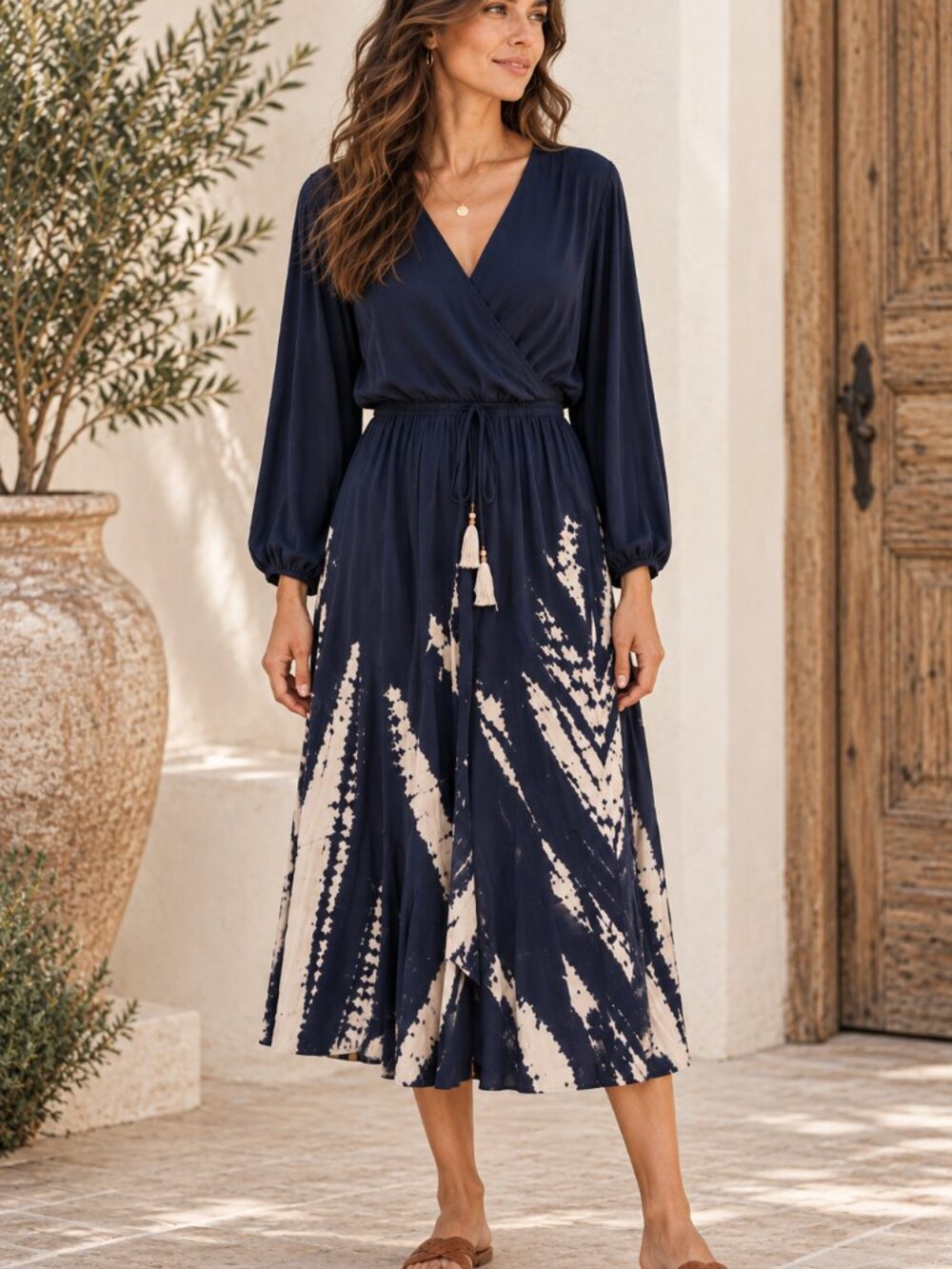 Young Fabulous & Broke Jillian Dress Womens L Navy Tie Dye Faux Wrap Boho Midi